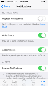 The Apple Store App allows users to control the different notifications they recieve with in-app settings.