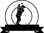 Black and white older golfer with a big belly with surrounded by a circle with a ribbon below.