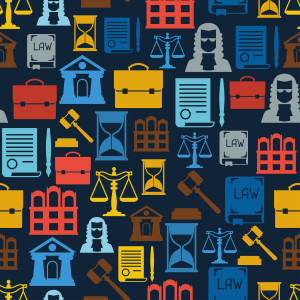 Law icons seamless pattern in flat design style.