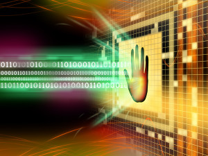 Software protection blocking a binary code stream. Digital illustration.