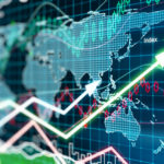 Business chart with glowing arrows and world map