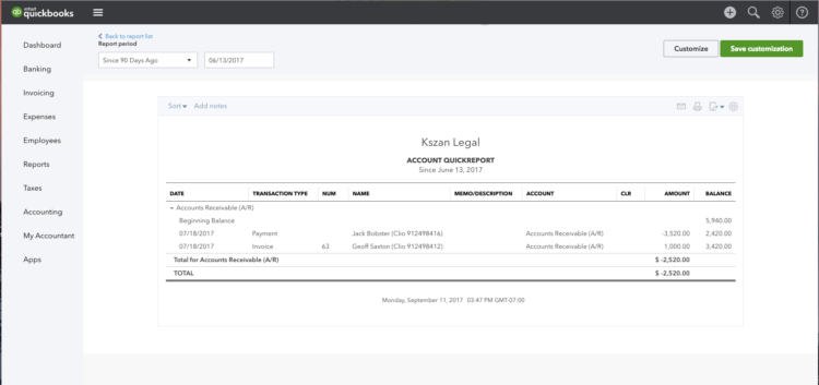 QuickBooksOnline Quick Report