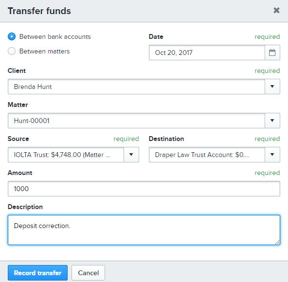 transfer funds in Clio