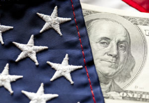 Close-up of Money and Flag.