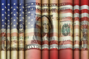 The flag of the United States combined with the one dollar bill.