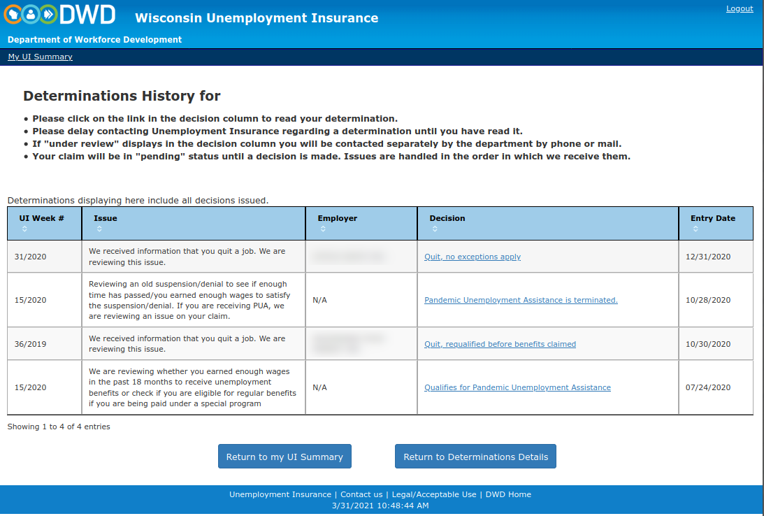Determinations history for a claimant