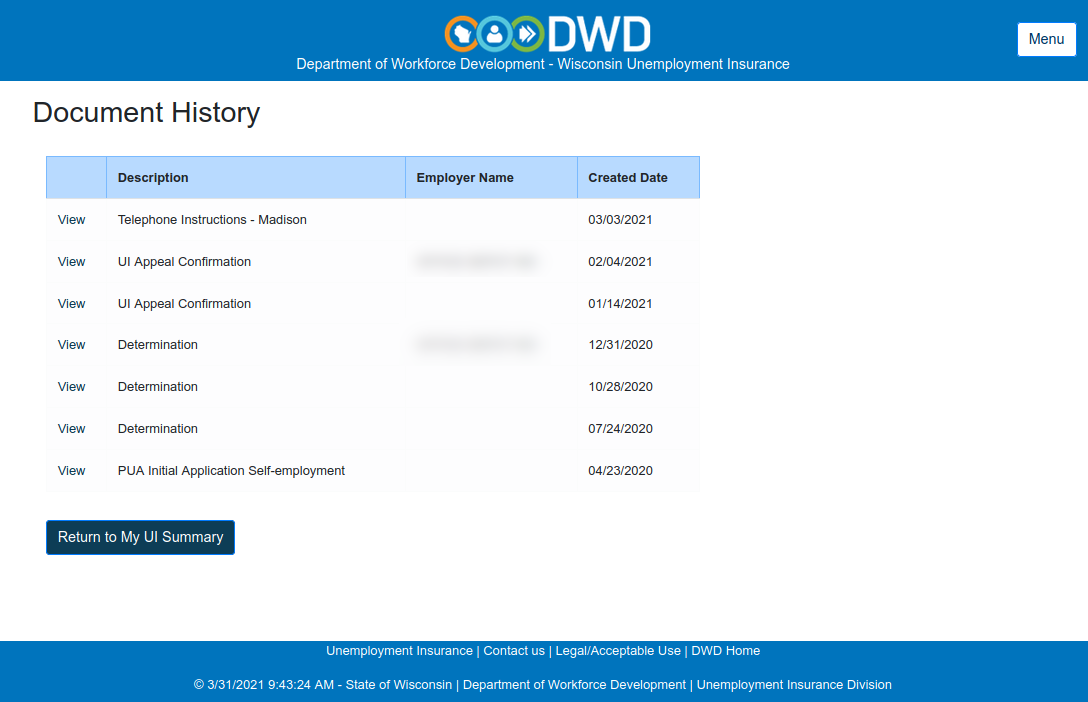 Claimant document history