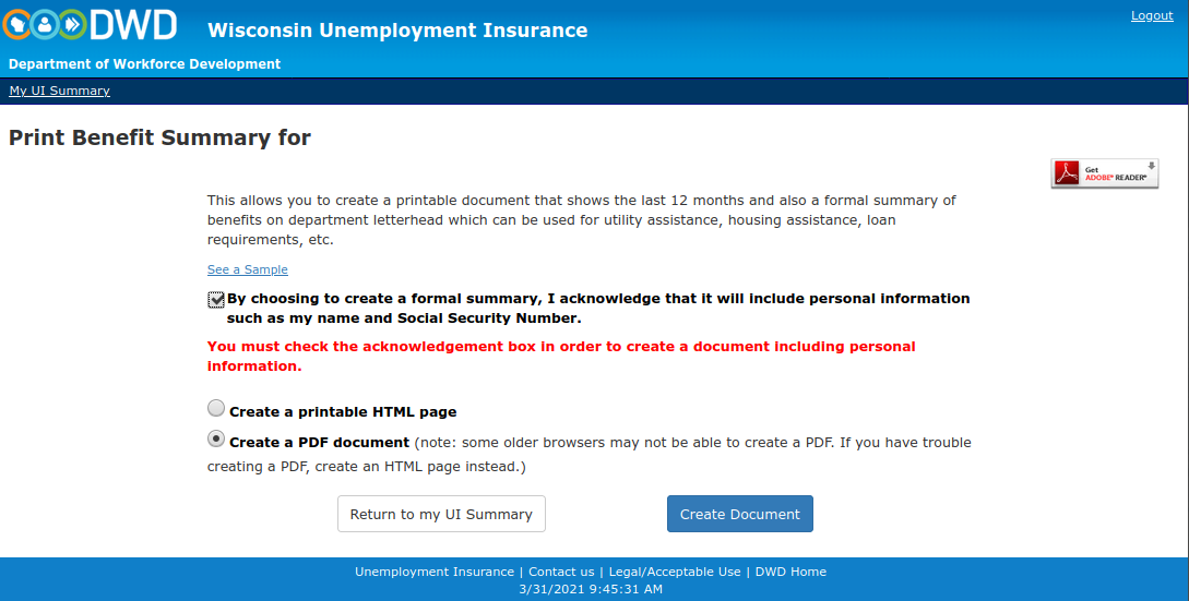 Print benefit summary screen