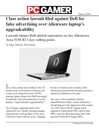 Click for document: Class action lawsuit filed against Dell for false advertising over Alienware laptop's upgradeability Class action lawsuit filed against Dell for false advertising over Alienware laptop's upgradeability