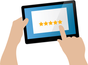 Illustration of hand leaving star review on a device