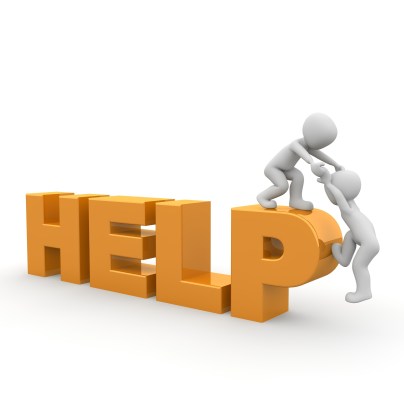 The word HELP with one figure helping another to climb on the P
